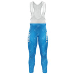 Blue cycling bib tights with white straps display 7-ELEVEN in white on the sides, part of the 1990s 7-ELEVEN Retro Long Sleeve Cycling Set. The fabric features a subtle pattern and branding, seamlessly blending functionality with a sleek look.