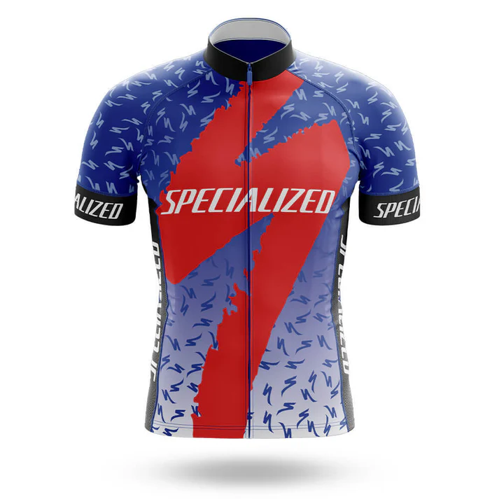 The Bees Men Short Sleeve Cycling Set features a blue and red abstract design with "SPECIALIZED" in white on the chest, sleeves, and sides. The jersey includes a front zipper and high collar for a sleek, comfortable ride.