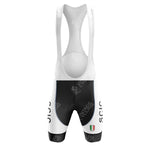 Front view of black and white cycling bib shorts featuring SCIC on both sides, paired with the SCIC Retro Short Sleeve Cycling Set. An Italian flag adorns one leg, while the semi-transparent white bib straps ensure comfort.