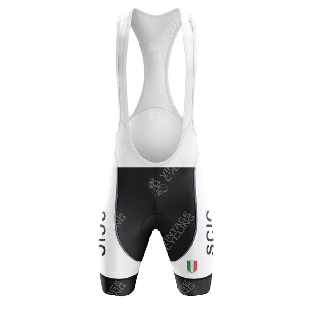 Front view of black and white cycling bib shorts featuring SCIC on both sides, paired with the SCIC Retro Short Sleeve Cycling Set. An Italian flag adorns one leg, while the semi-transparent white bib straps ensure comfort.