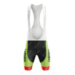 Front view of the Alfa Lum Legnano White Retro Short Sleeve Cycling Set: white straps, green and black shorts with red leg bands, and "Legnano" vertically on both legs—pairs perfectly with a customizable cycling jersey.