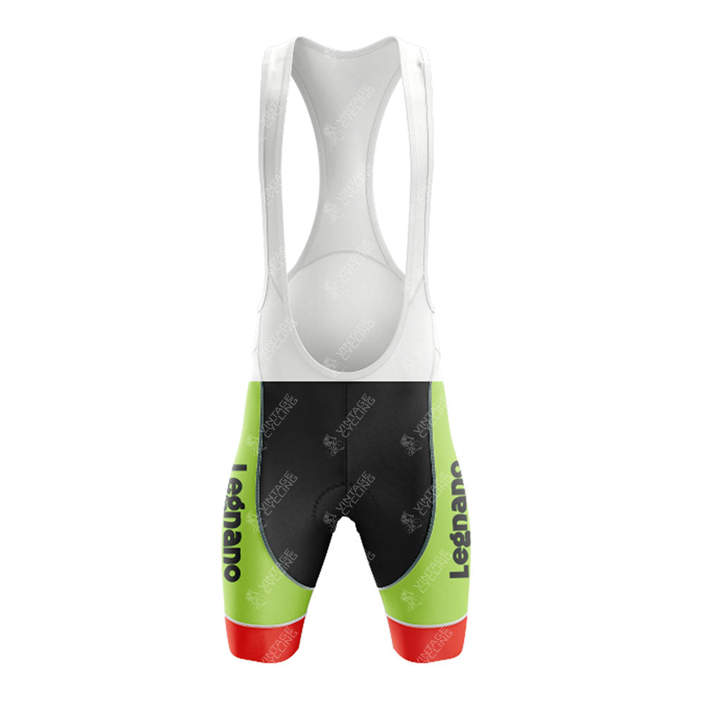 Front view of the Alfa Lum Legnano White Retro Short Sleeve Cycling Set: white straps, green and black shorts with red leg bands, and "Legnano" vertically on both legs—pairs perfectly with a customizable cycling jersey.