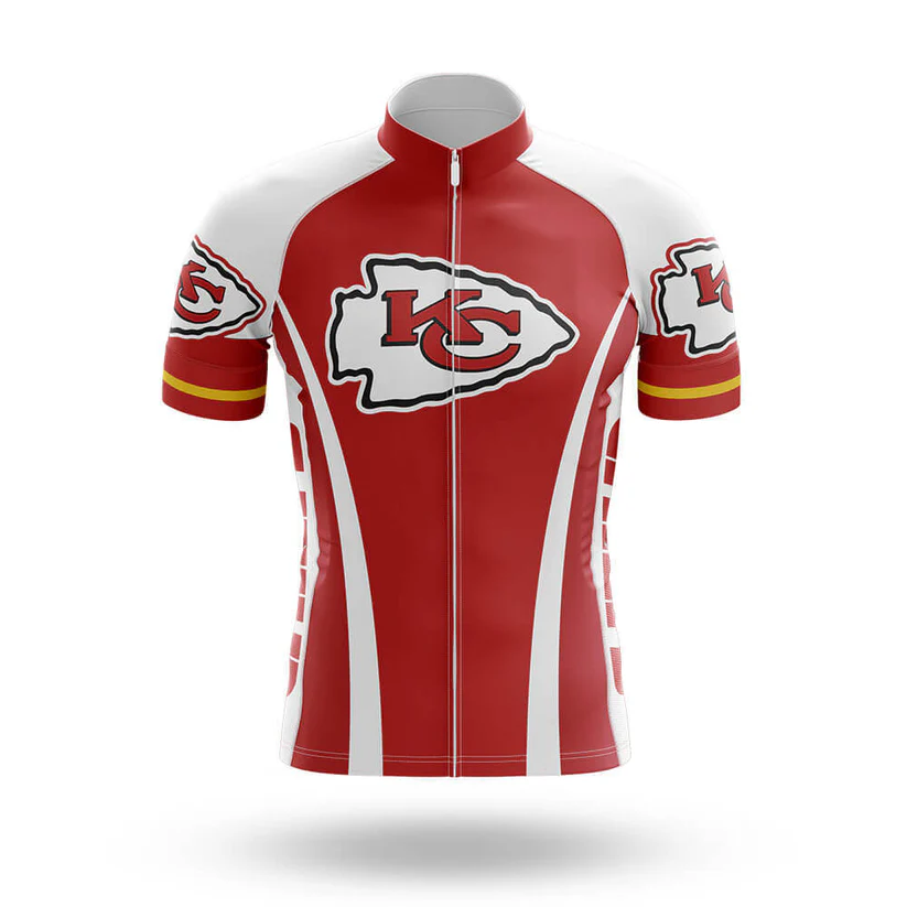 The Chief Short Sleeve Cycling Set (Copy) features red, white, and yellow colors with the Kansas City Chiefs logo on the chest, sleeves, and sides, shown on a plain white background.