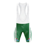 Front view of a green and white cycling set, the CAFE DE COLOMBIA Retro Short Sleeve Cycling Set features bib shorts with white straps and small flag details on the legs, exuding an athletic spirit ideal for both casual and competitive riders.