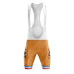 The vintage cycling bib shorts feature a front view in iconic BIC orange with white straps and BIC on the side, complemented by red and blue stripes at the bottom. The smooth, fitted fabric of this BIC Orange Retro Short Sleeve Cycling Set exudes classic retro charm for cycling enthusiasts.