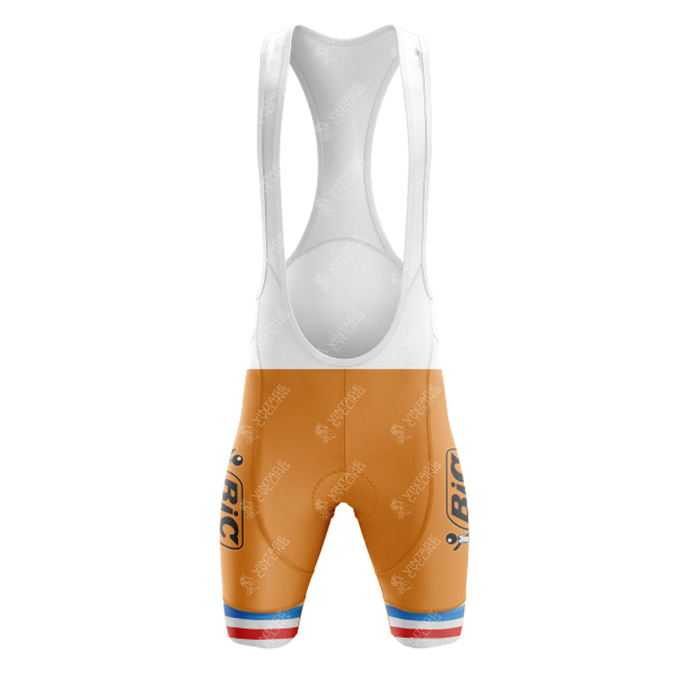 The vintage cycling bib shorts feature a front view in iconic BIC orange with white straps and BIC on the side, complemented by red and blue stripes at the bottom. The smooth, fitted fabric of this BIC Orange Retro Short Sleeve Cycling Set exudes classic retro charm for cycling enthusiasts.