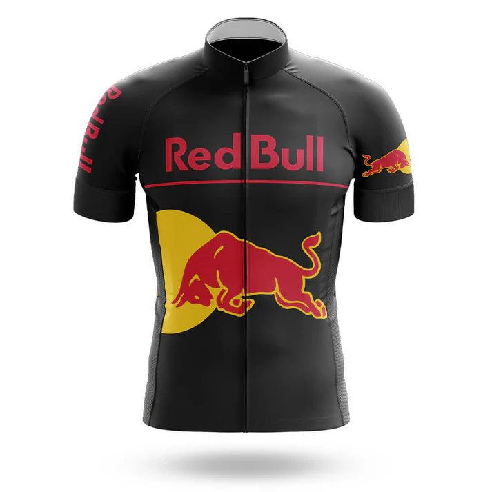 A black short-sleeve performance jersey with red and yellow Red Bull logos on chest, sleeves, and sides. Shown on a plain white background. A great piece from the Red Bull V2 Men Short Sleeve Cycling Set (Copy).