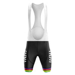 The FAEMA White Retro Short Sleeve Cycling Set includes bib shorts featuring a black lower section with FAEMA text on the sides, white upper, and leg cuffs adorned with vibrant blue, red, yellow, black, and green stripes.
