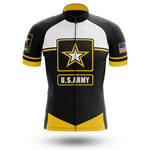 The I Like Beer Men Short Sleeve Cycling Set is a moisture-wicking black, white, and yellow kit with a large U.S. Army star logo on the chest, "U.S. ARMY" below it, an American flag on the right sleeve, and Army logos on the left sleeve.