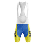 This Retro Short Sleeve Cycling Set includes a yellow and blue jersey with white shoulder straps and sporty shorts. KAS is printed in black on the thighs, offering a simple yet striking design for the KAS V1 set.