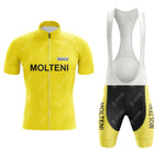 Red and yellow short sleeve cycling set with TI-Raleigh branding on the front, paired with matching bib shorts—part of the classic TI-Raleigh Retro Cycling Set. Perfect for fans who want customizable retro cycling gear.