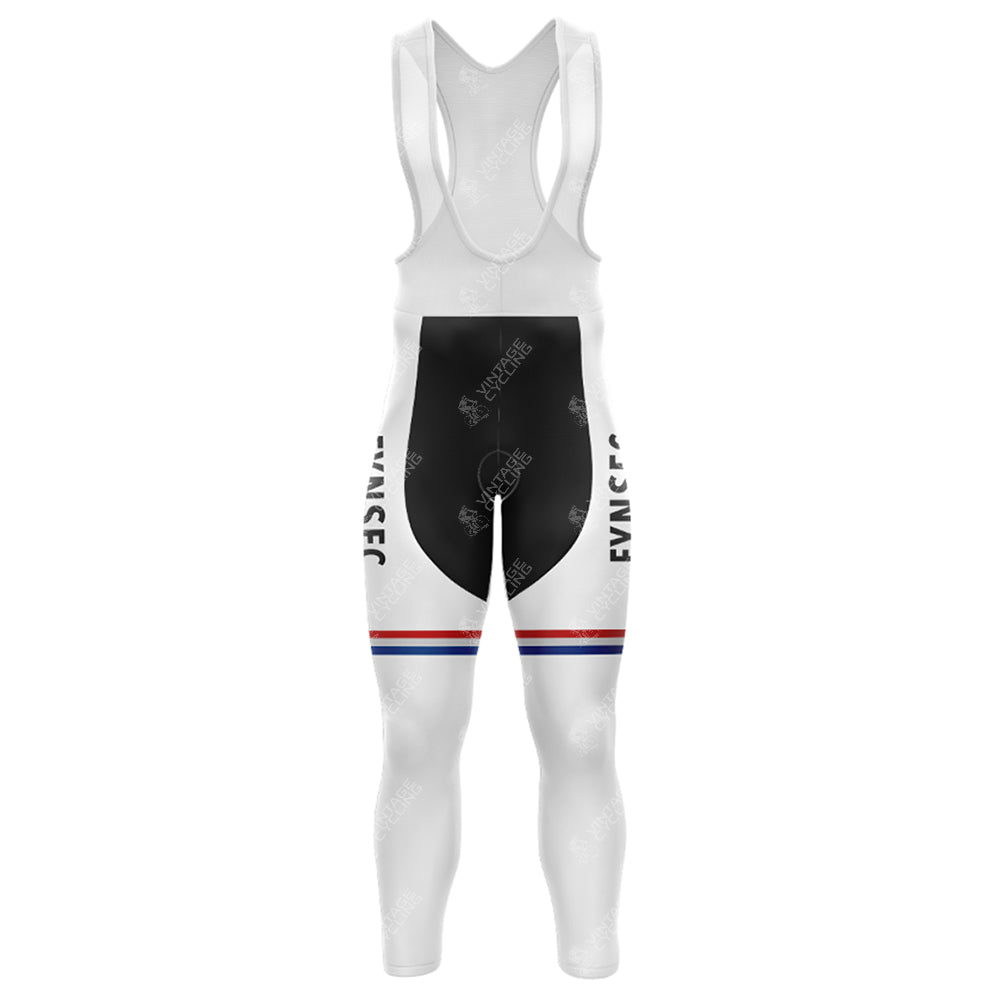The FYNSEC Retro Long Sleeve Cycling Set features white bib tights with black panels and a FMXSEC logo on the sides, complemented by red and blue knee stripes. Made from smooth, stretchy fabric with shoulder straps and a gel seat pad for added comfort.