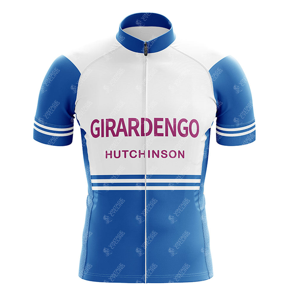 The Marc Superia Retro Cycling Jersey is made from lightweight polyester, with a white top, blue bottom, bold purple GIRARDENGO lettering, smaller HUTCHINSON text below, and white stripes on the sleeves and lower torso.