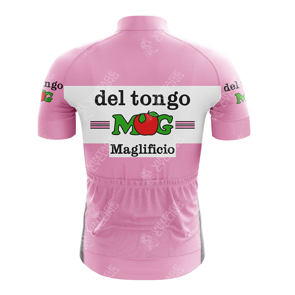 The St Raphael Geminiani Retro Short Sleeve Cycling Set features classic short sleeves, vintage logos, a bold MG and tomato graphic on the back, and three rear pockets—ideal for finishing your retro cycling kit.