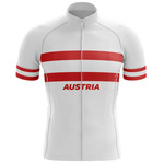 A white short sleeve cycling jersey with two bold red stripes across the chest, matching sleeve accents, and DENMARK printed in red on the front—perfect for any Denmark Men Short Sleeve Cycling Set.