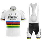 The FESTINA White Retro Short Sleeve Cycling Set features a jersey and bib shorts adorned with rainbow stripes, UCI, Festina Watches, and Sibile logos. Boldly, FESTINA appears vertically on the high-performance shorts.