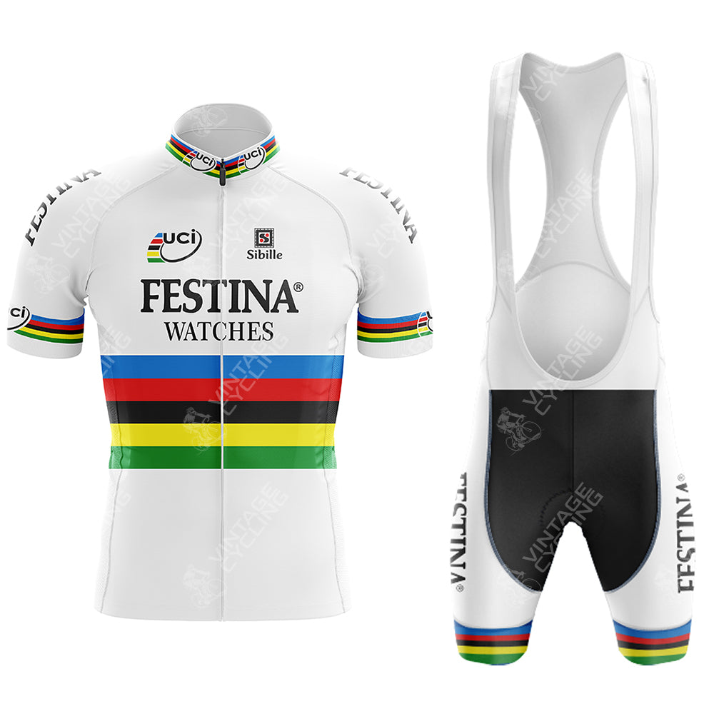 The FESTINA White Retro Short Sleeve Cycling Set features a jersey and bib shorts adorned with rainbow stripes, UCI, Festina Watches, and Sibile logos. Boldly, FESTINA appears vertically on the high-performance shorts.
