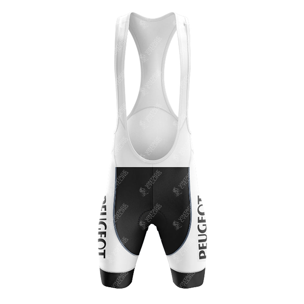 The white and black cycling bib shorts with the PEUGEOT logo offer a retro vibe, coordinating perfectly with the PEUGEOT White Black Retro Short Sleeve Cycling Set. A mesh back panel ensures optimal ventilation for an improved ride experience.