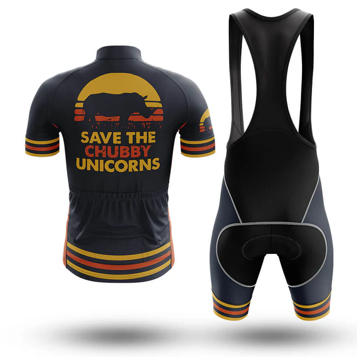 The Old Man WITHA BICYCLE Short Sleeve Cycling Set features a black customizable jersey with a sunset rhinoceros graphic, "SAVE THE CHUBBY UNICORNS" text, and orange-yellow stripes, plus matching bib shorts for standout retro cycling style.