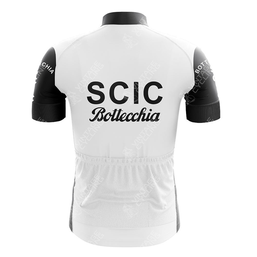The back of the SCIC Retro Short Sleeve Cycling Set (Copy) features SCIC Bottecchia in bold black letters along with text on the sleeves. Check the included size guide for a perfect fit.