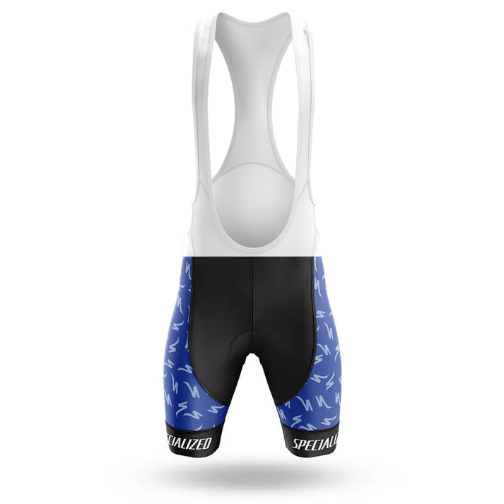 The Bees Men Short Sleeve Cycling Set includes bib shorts with a white upper, black center, and blue sides with white lightning bolts. SPECIALIZED is printed on the lower legs.