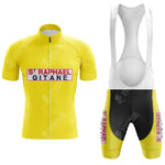 The Bartali Ursus Retro Short Sleeve Cycling Set exudes retro cycling vibes with a yellow jersey featuring the St Raphael Gitane logo, a full front zipper, and coordinating white and yellow bib shorts with St Raphael on the side panels.