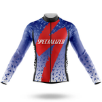 The U.S. Air Force Men Long Sleeve Cycling Jersey features a blue and white gradient, abstract brushstroke patterns, a bold red S design, and SPECIALIZED in white—perfect for cool-weather rides.