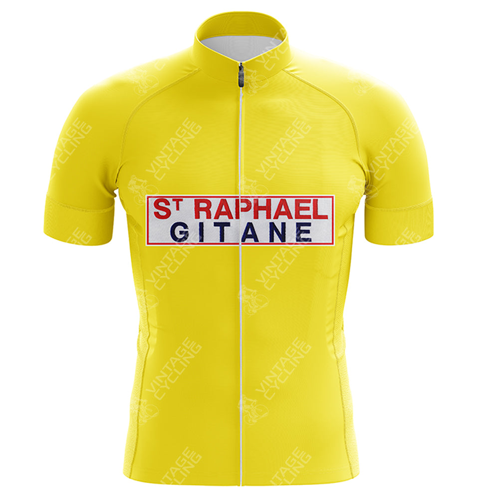 Retro cycling enthusiasts will love the Bartali Ursus Retro Short Sleeve Cycling Set. The yellow jersey features a front zipper and a rectangular chest patch with ST RAPHAEL GITANE in bold red and blue, adding style to any collection.