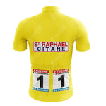 The Bartali Ursus Retro Short Sleeve Cycling Set showcases a vintage design with the ST RAPHAEL GITANE logo on the back, two large race numbers 1, and branding from LEQUIPE and Le Parisien. An ideal choice for cycling enthusiasts.
