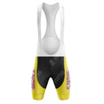 The Bartali Ursus Retro Short Sleeve Cycling Set features vibrant yellow cycling bib shorts with a sleek black midsection. ST RAPHAEL stands out in red text on white panels, and supportive white shoulder straps complete this chic addition to any cyclists classic collection.