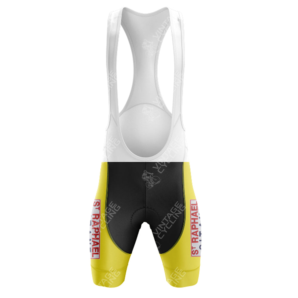 The Bartali Ursus Retro Short Sleeve Cycling Set features vibrant yellow cycling bib shorts with a sleek black midsection. ST RAPHAEL stands out in red text on white panels, and supportive white shoulder straps complete this chic addition to any cyclists classic collection.