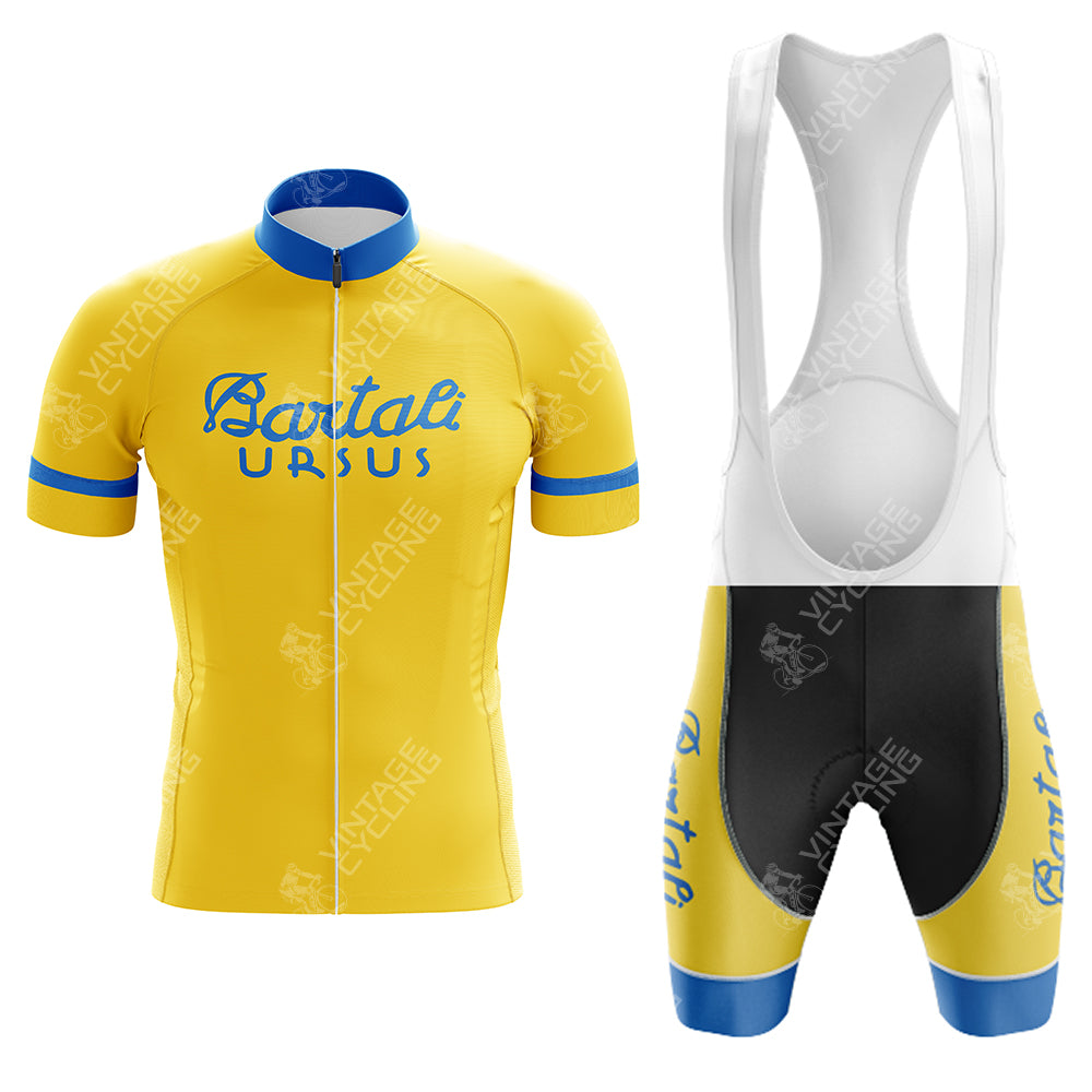 The VELDA Retro Short Sleeve Cycling Set includes a yellow jersey with blue trim featuring Bartali-Ursus and matching yellow bib shorts with white straps and blue accents, both showcasing the iconic text for a classic look.