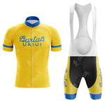 The VELDA Retro Short Sleeve Cycling Set includes a yellow jersey with blue trim featuring Bartali-Ursus and matching yellow bib shorts with white straps and blue accents, both showcasing the iconic text for a classic look.
