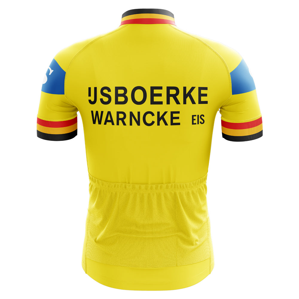 Back view of an IJsboerke-Warncke Eis Retro Cycling Jersey in yellow, with black text JSBOERKE WARNCKE EIS, featuring blue and black sleeve accents and red and black stripes around the neck and sleeves.