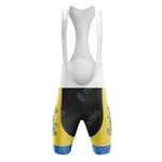 Front view of a VELDA Retro Short Sleeve Cycling Set featuring a white upper and blue, yellow, black sections on the shorts. The retro design includes faint text and logos, creating a classic cycling aesthetic.