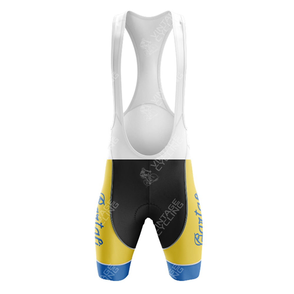 Front view of a VELDA Retro Short Sleeve Cycling Set featuring a white upper and blue, yellow, black sections on the shorts. The retro design includes faint text and logos, creating a classic cycling aesthetic.
