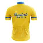 The VELDA Retro Short Sleeve Cycling Set features a nostalgic yellow cycling jersey with blue accents and Bartali-Ursus on the back, complete with practical lower back pockets.