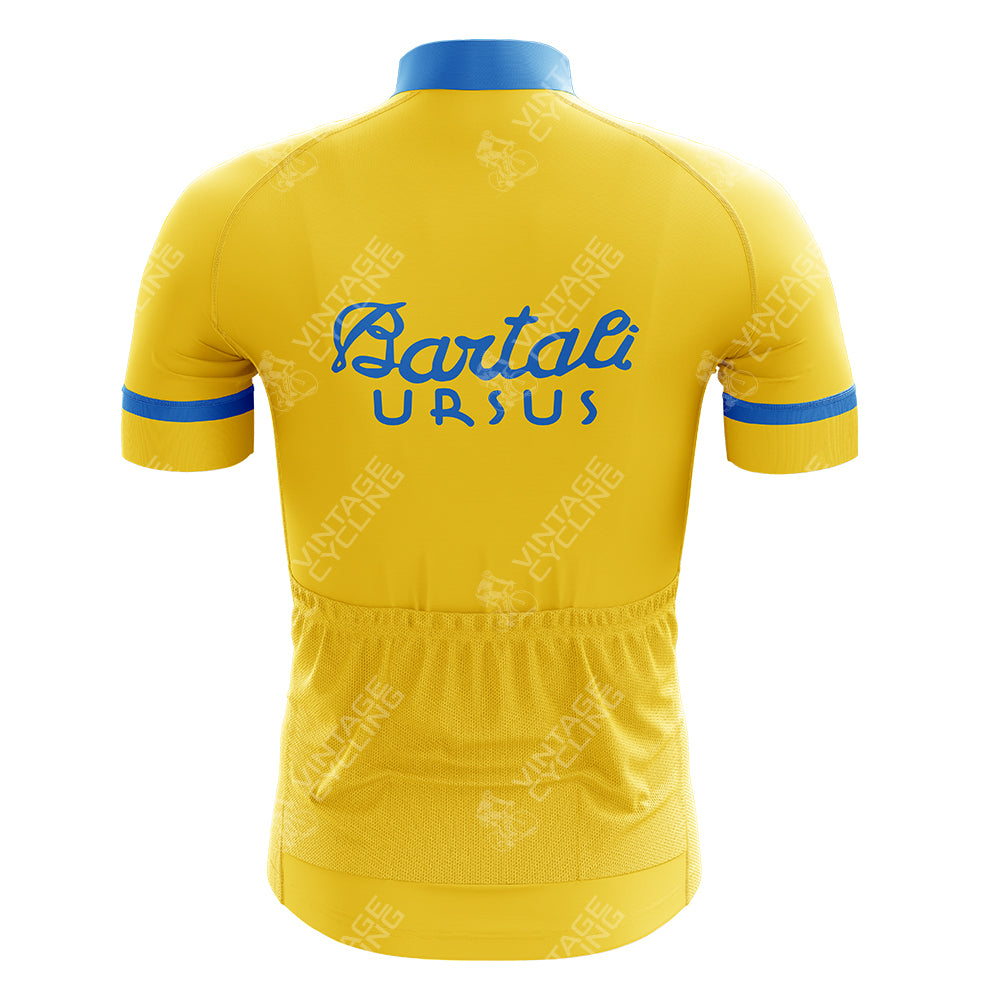 The VELDA Retro Short Sleeve Cycling Set features a nostalgic yellow cycling jersey with blue accents and Bartali-Ursus on the back, complete with practical lower back pockets.