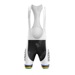 Front view of the FESTINA White Retro Short Sleeve Cycling Set with black bib shorts featuring various logos and retro rainbow stripes around each leg hem.