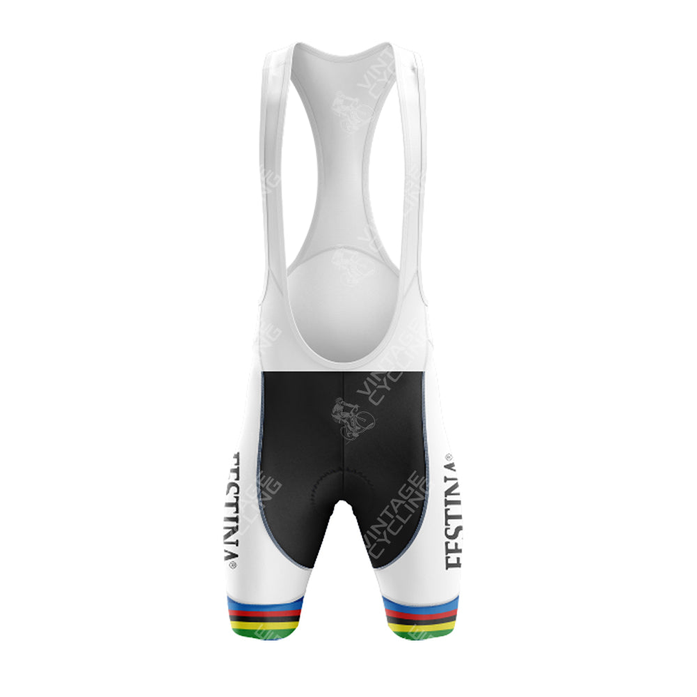 Front view of the FESTINA White Retro Short Sleeve Cycling Set with black bib shorts featuring various logos and retro rainbow stripes around each leg hem.