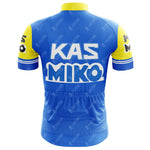 The KAS V1 Retro Short Sleeve Cycling Set in blue and yellow features bold KAS and MIKO on the back. Its classic design includes a repeating SIROKO logo pattern, merging nostalgia with style for cycling adventures.