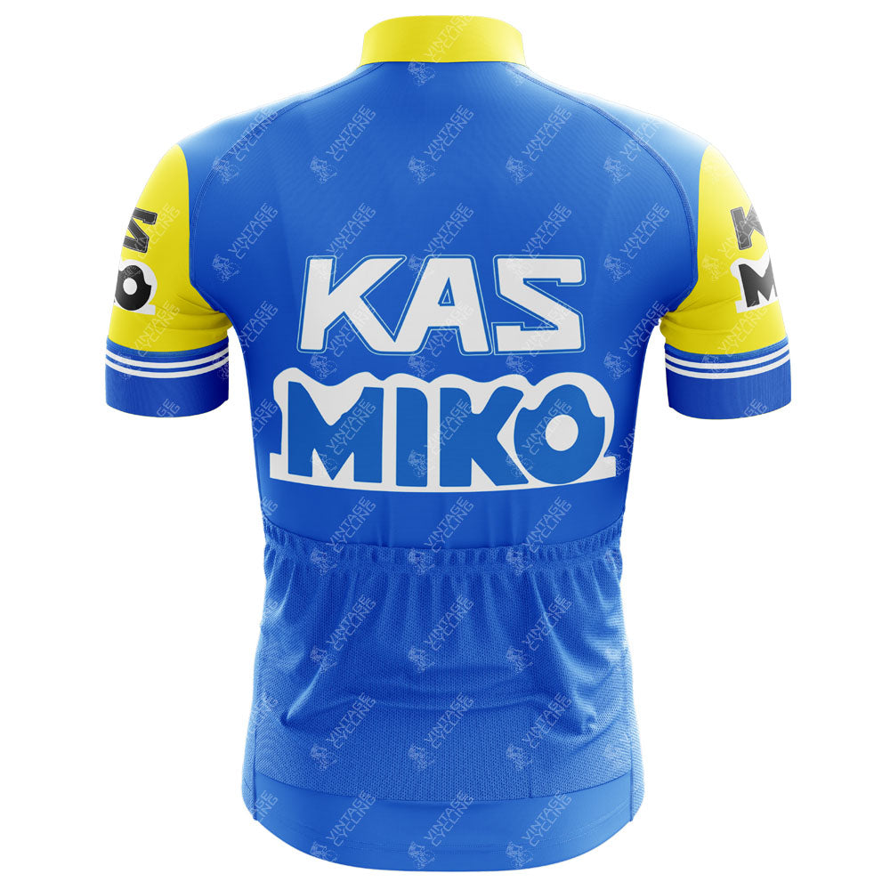 The KAS V1 Retro Short Sleeve Cycling Set in blue and yellow features bold KAS and MIKO on the back. Its classic design includes a repeating SIROKO logo pattern, merging nostalgia with style for cycling adventures.