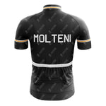 The MOLTENI Black Retro Short Sleeve Cycling Set includes a black jersey with MOLTENI on the upper back. The short sleeves and waist are accented with gold and white stripes against a plain white background.