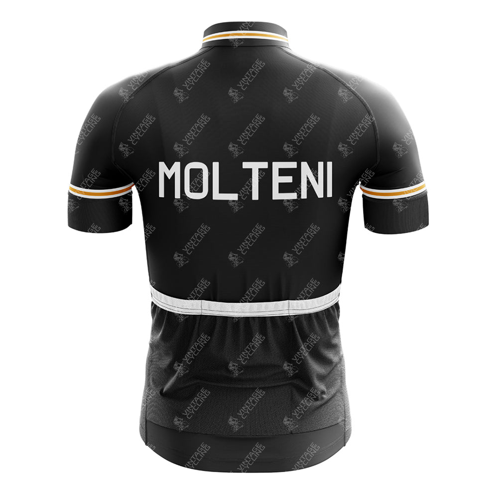 The MOLTENI Black Retro Short Sleeve Cycling Set includes a black jersey with MOLTENI on the upper back. The short sleeves and waist are accented with gold and white stripes against a plain white background.