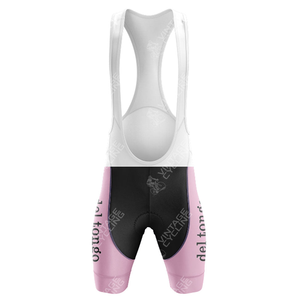 Pair the St Raphael Geminiani Retro Short Sleeve Cycling Set with vintage bib shorts featuring white straps, a black midsection with Lynfane Cycling text, and pink leg panels adorned with deltongo written vertically.