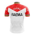 Back view of the FAEMA White Retro Short Sleeve Cycling Set showcases a red and white jersey with FAEMA prominently displayed. The short sleeves and collar have rainbow stripes, lending a classic touch.