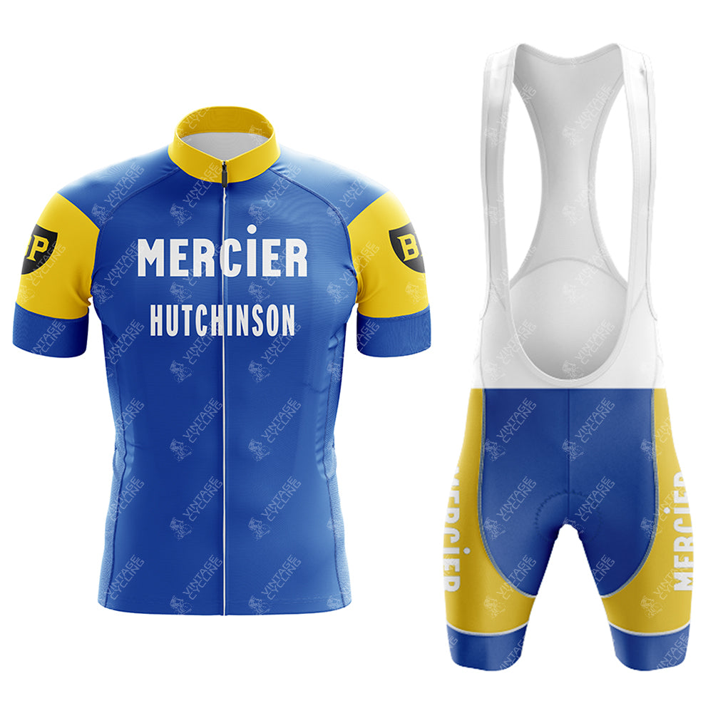Check out the Mercier Retro Short Sleeve Cycling Set, featuring a stylish blue and yellow jersey with MERCIER HUTCHINSON and abstract designs plus a BP logo on the sleeves, paired with comfortable bib shorts that include suspenders.