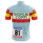 Back view of the FIAT Retro Short Sleeve Cycling Set featuring red and yellow stripes, “TRICOFILINA COPPI” on the upper back, race number 81, and “Le Parisien” & “L’EQUIPE”—ideal for customizable cycling gear fans.