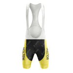 A pair of cycling bib shorts with red and yellow panels and white shoulder straps from the TI-Raleigh Red-Yellow Retro Short Sleeve Cycling Set, displayed on a plain white background.