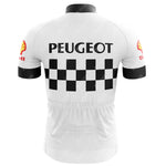 The back of the PEUGEOT White Black Retro Short Sleeve Cycling Set showcases bold PEUGEOT text, a classic black and white checkered design, and red Shell logos on the sleeves, ideal for vintage style enthusiasts.